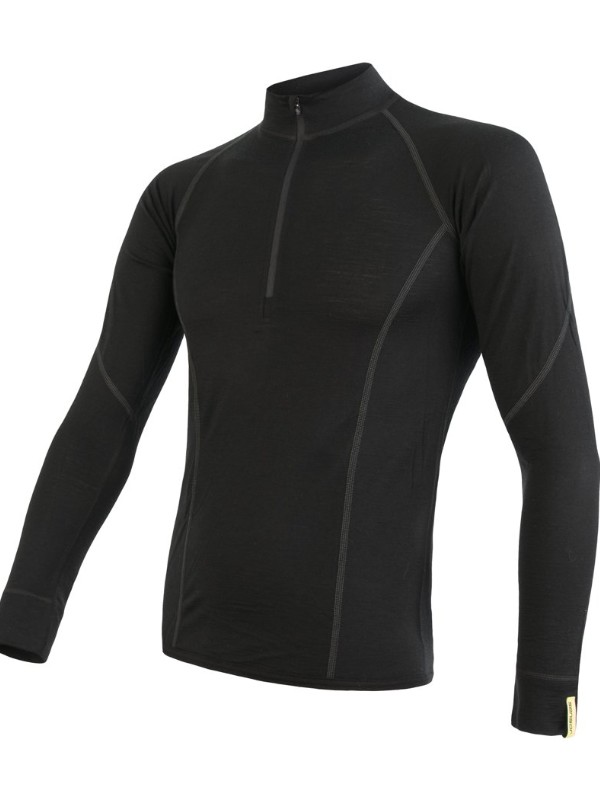 MERINO SENSOR ACTIVE - pánské triko s dlouhým rukávem, stoják, zip, černá