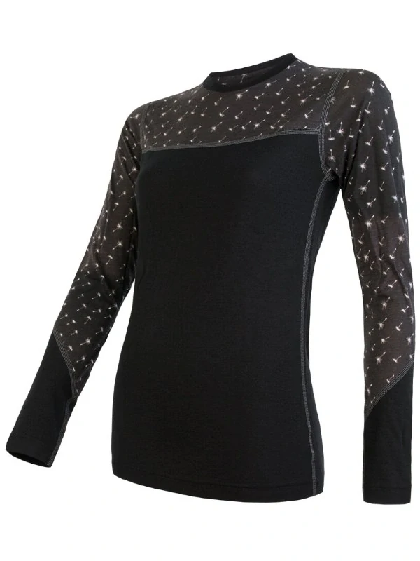 MERINO IMPRESS SENSOR - dámské triko, dlouhý rukáv, ČERNÁ/PATTERN
