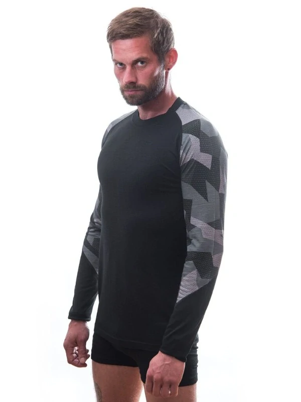 MERINO IMPRESS SENSOR - pánské triko, dlouhý rukáv, ČERNÁ/CAMO