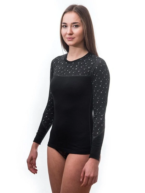 MERINO IMPRESS SENSOR - dámské triko, dlouhý rukáv, ČERNÁ/PATTERN