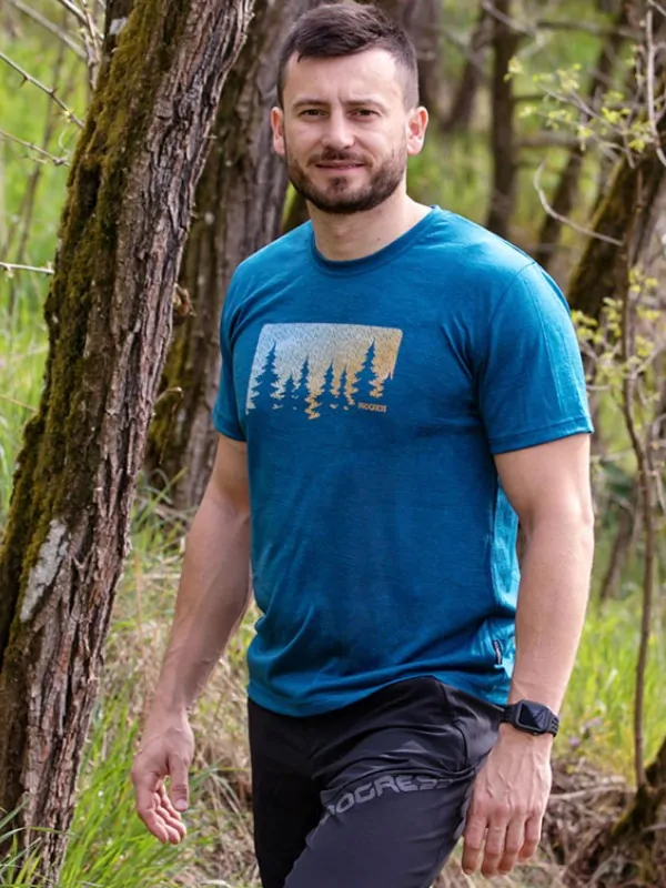 HRUTUR FOREST pánské merino tričko s krátkým rukávem, petrol melír