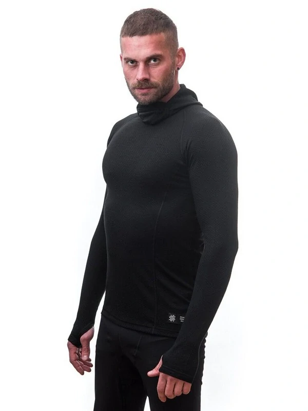MERINO SENSOR DF - pánské tričko s kapucí, dlouhý rukáv, černá