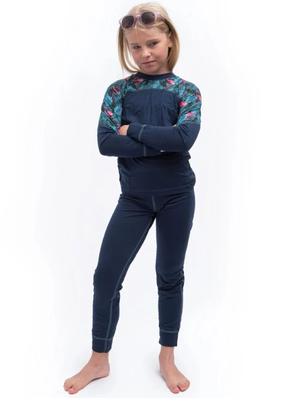 MERINO IMPRESS SENSOR dětský/juniorský set trička s dlouhým rukávem a spodků, deep blue - floral