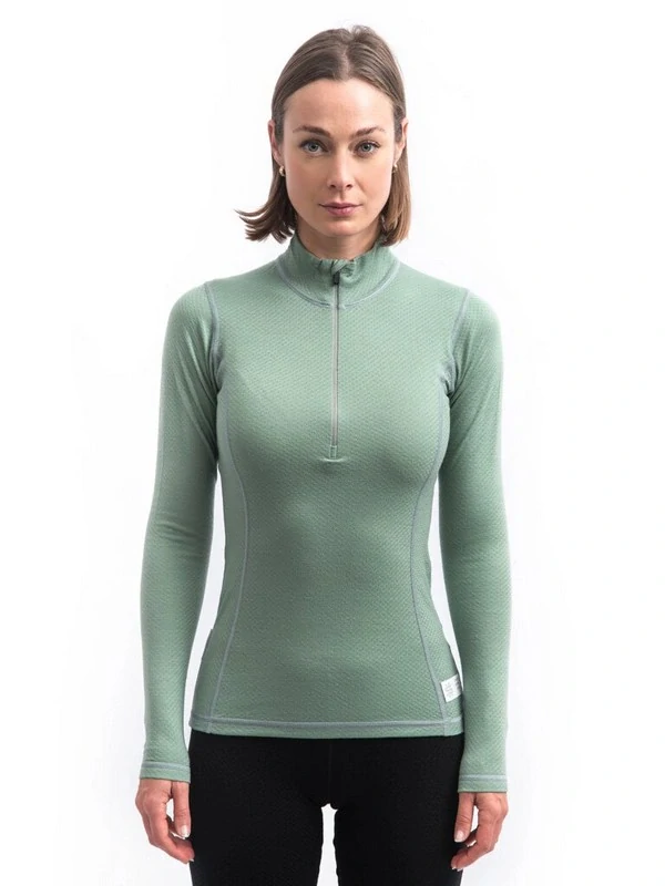 MERINO SENSOR DF - dámské tričko, dlouhý rukáv, zip u krku, basil green