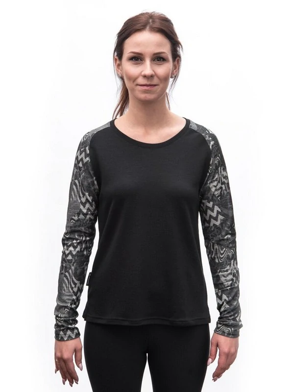 MERINO BLEND SENSOR - dámské triko, dlouhý rukáv, ČERNÁ/ZEBRA