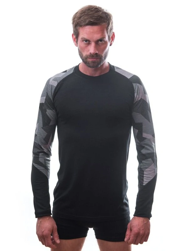 MERINO IMPRESS SENSOR - pánské triko, dlouhý rukáv, ČERNÁ/CAMO