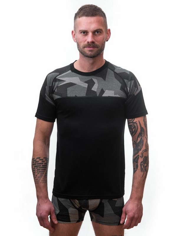 MERINO IMPRESS SENSOR - pánské triko, krátký rukáv, ČERNÁ/CAMO