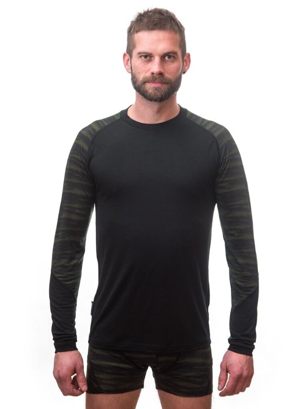 MERINO IMPRESS SENSOR - pánské triko, dlouhý rukáv, ČERNÁ/BATIK