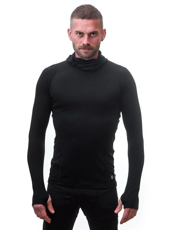 MERINO SENSOR DF - pánské tričko s kapucí, dlouhý rukáv, černá