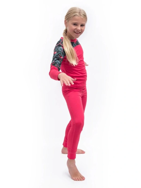 MERINO IMPRESS SENSOR dětský/juniorský set trička s dlouhým rukávem a spodků, magenta - floral