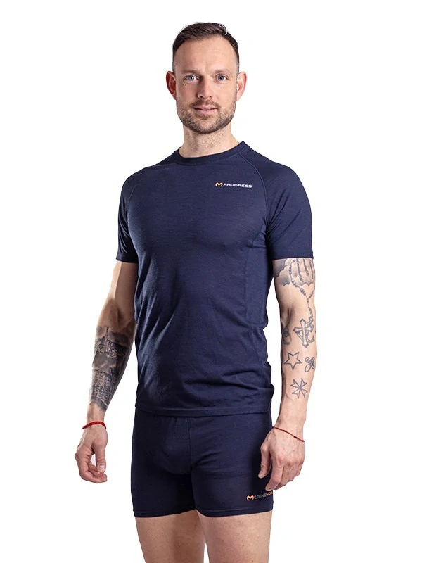 ARI 125 pánské merino triko, krátký rukáv, černo - modrá