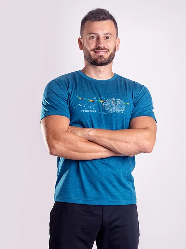 HRUTUR YAK pánské merino tričko s krátkým rukávem, petrol melír