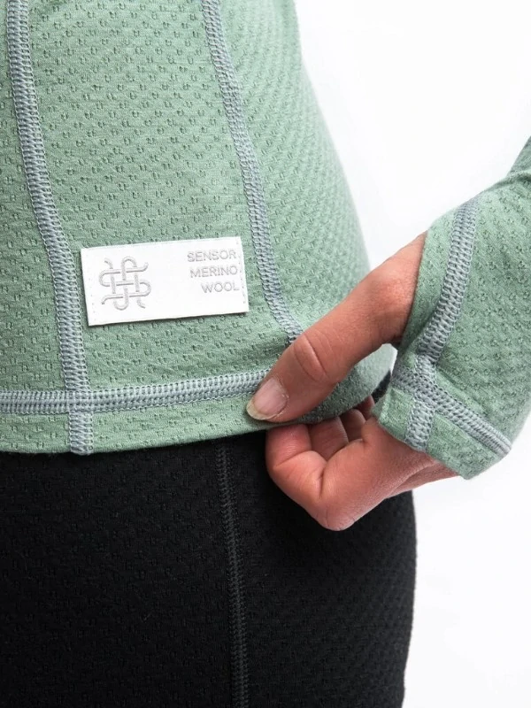 MERINO SENSOR DF - dámské tričko, dlouhý rukáv s kapucí, basil green