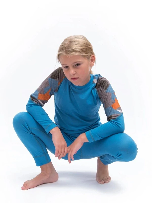 MERINO IMPRESS SENSOR dětský/juniorský set trička s dlouhým rukávem a spodků, modrá - camo