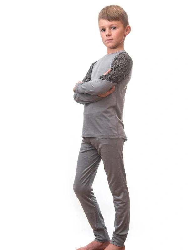 MERINO IMPRESS SENSOR dětský/juniorský set trička s dlouhým rukávem a spodků, šedá - maori