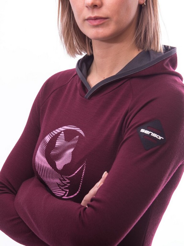 MERINO SENSOR UPPER FOX - dámská mikina klokanka, kapuce, port red