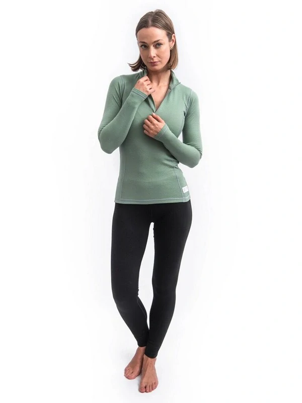 MERINO SENSOR DF - dámské tričko, dlouhý rukáv, zip u krku, basil green