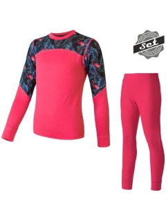 MERINO IMPRESS SENSOR dětský/juniorský set trička s dlouhým rukávem a spodků, magenta - floral