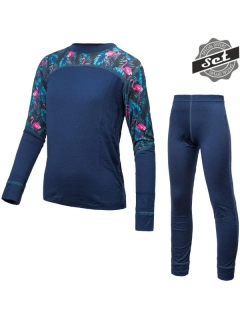 MERINO IMPRESS SENSOR dětský/juniorský set trička s dlouhým rukávem a spodků, deep blue - floral